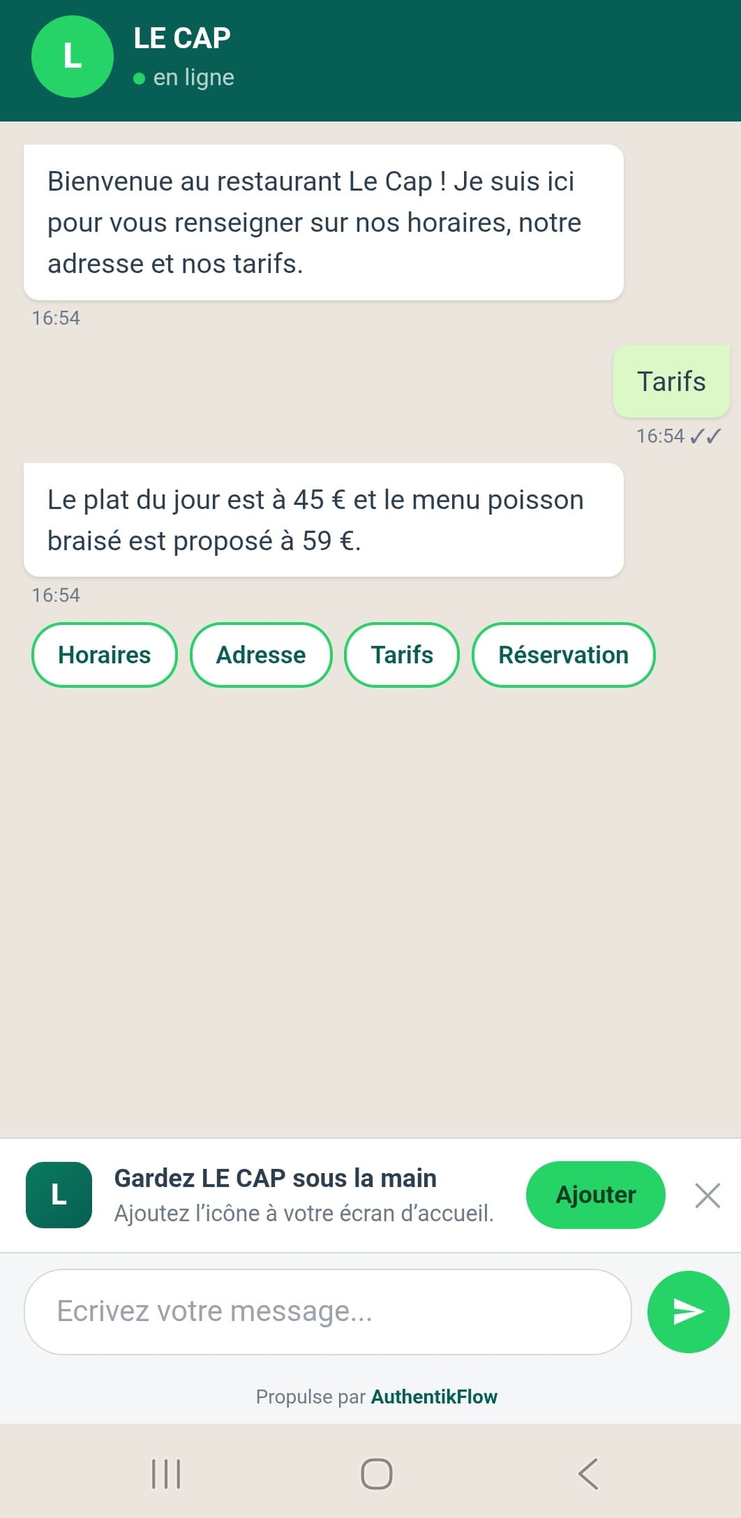Conversation entre un client et l’agent du restaurant