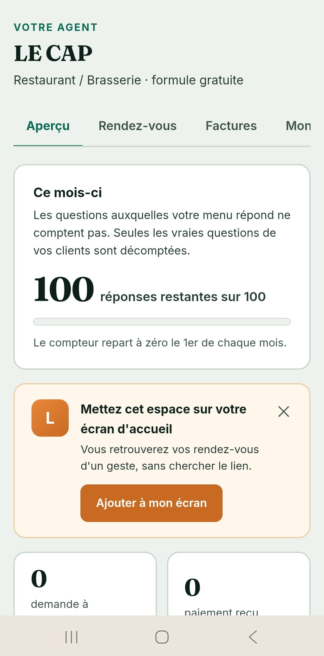 Espace de gestion du commerçant avec le compteur de réponses